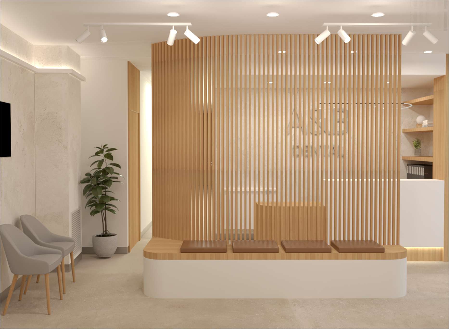 Recepción de A&B Dental con celosía de madera de roble y zona de espera